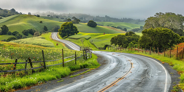 A image of a winding country road passing through fields of crops or wildflowers, bordered by fences and trees