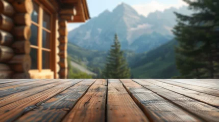 Schilderijen op glas An image of a log cabin corner with the majestic beauty of mountains visible in the background © road to millionaire