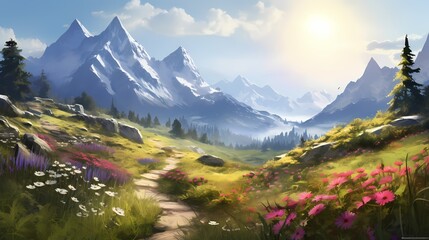 A winding mountain trail through lush meadows, offering breathtaking views of the Alps adorned with blooming flowers under the soft sunlight of spring