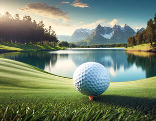 A golf ball is sitting on a green grassy field next to a lake - Powered by Adobe