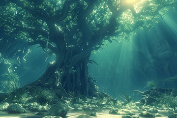 The mysterious and serene ambiance of an ancient forest. Generative AI