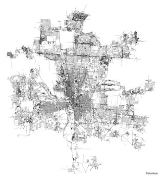 Columbus city map with roads and streets, United States. Vector outline illustration.