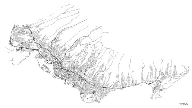 Honolulu city map with roads and streets, United States. Vector outline illustration.