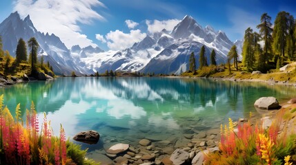 Serene alpine lake nestled between snow-capped peaks, reflecting the azure sky and colorful blossoms in a perfect springtime panorama - obrazy, fototapety, plakaty