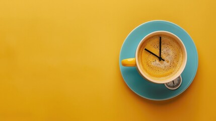 Cup of coffee with clock hands on yellow background with copy space, top view. Clock face in coffee...