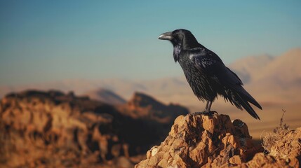 Crow in rocky area of desert landscape. Close-up of bird of prey. Raven with black plumage under blue sky with desert haze. Birds and species in danger of extinction - Powered by Adobe