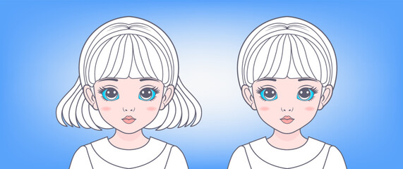 Vector graphic portrait of a cute kawaii beautiful young blonde girls with big blue eyes. Beauty, fashion and hairstyles.