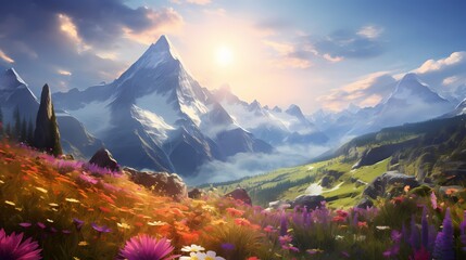 Sun-kissed mountain peaks in the Alps, surrounded by vibrant wildflowers, creating a picturesque...
