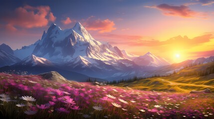 A tranquil sunrise over the majestic Alps, casting a warm glow on blooming meadows in springtime, capturing the essence of nature's beauty - obrazy, fototapety, plakaty