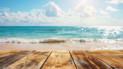Close-up on natural wooden table texture against the backdrop of glistening ocean waves and sun's reflection