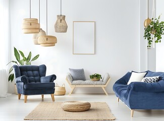 Nordic style living room with navy blue armchair, sofa and hanging lamps over white floor with jute rug and poster on the wall in the style of copy space