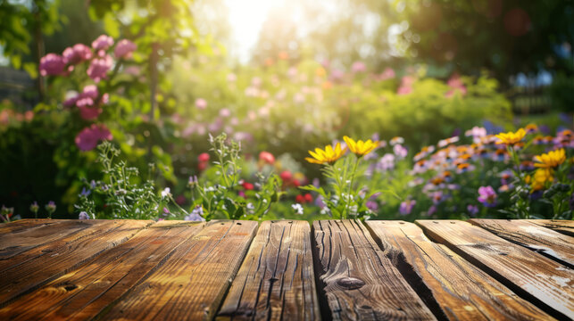 Wooden texture foreground giving way to a colorful and vibrant flower garden bathed in warm sunlight