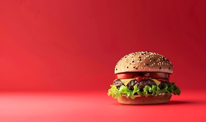Photo of a burger on a red background with copy space, front view, solid color background, studio shot, in the style of photorealistic, ultra detailed