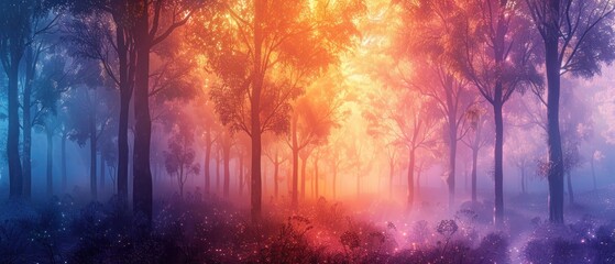 A forest with trees in various colors, including orange, blue, and purple - obrazy, fototapety, plakaty