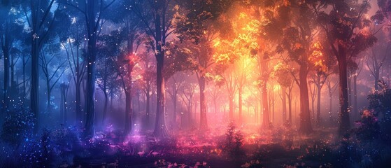 A colorful forest with trees in the background - obrazy, fototapety, plakaty
