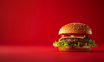 Photo of a burger on a red background with copy space, high resolution photography from a Nikon D850 camera, high quality, hyper realistic in the style of Nikon