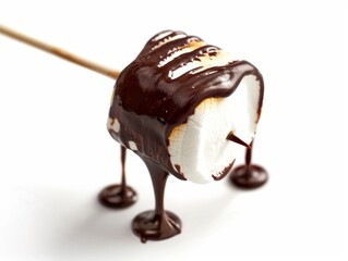 A toasted marshmallow on a bamboo skewer dripping with milk chocolate with a white backdrop.