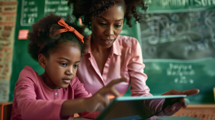 A young student and a teacher are engaged with a tablet, looking concentrated and curious. - obrazy, fototapety, plakaty