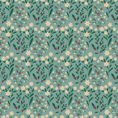gentle seamless pattern with flowers and leaves on a blue background vector illustration