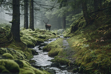 A mossy forest path with a stream running alongside it and a deer standing in the distance