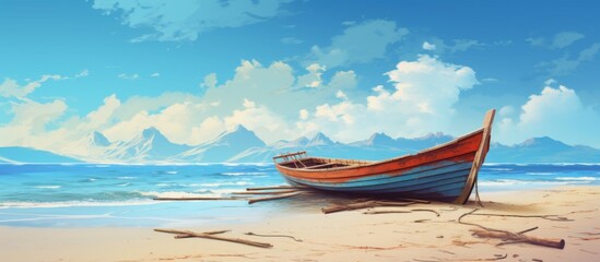Boat depicted in a painting resting on the sandy beach with majestic mountains in the distant background
