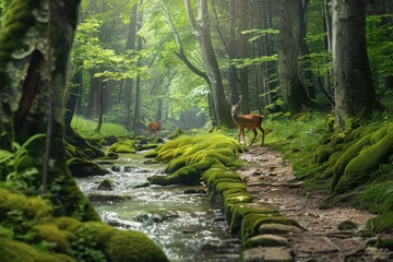 Photo sur Plexiglas Rivière forestière A mossy forest path with a stream running alongside it and a deer standing in the distance