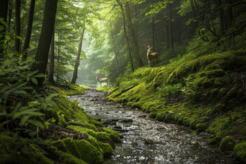 A mossy forest path with a stream running alongside it and a deer standing in the distance