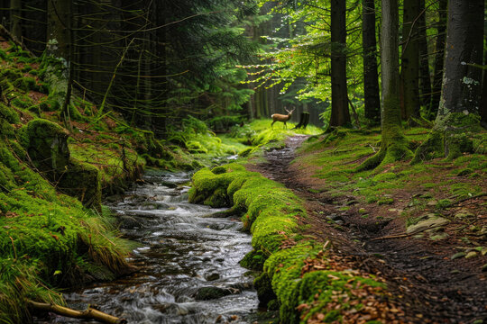 A mossy forest path with a stream running alongside it and a deer standing in the distance