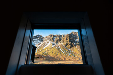 Outside View of Mountains From Hostel Window in Iceland Winter Day