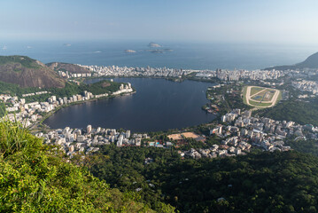 Beautiful view from Corcovado Mountain to city, lagoon and ocean