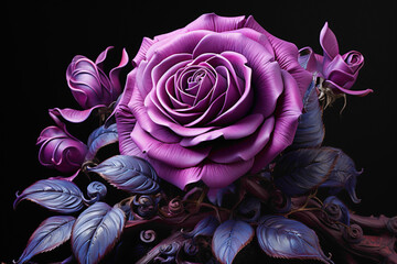 A regal purple rose elegantly positioned on the side, creating a sense of mystery against a solid...