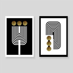 Set of minimal elegant wall decor posters. Black, white and gold geometric shapes made of lines and circles with grunge texture. Creative templates for parties, cards, posters, covers, home decor. 
