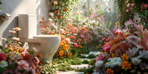 Perfumed bathroom with toilet concept with toilet full of flowers for a good smell. generative ai
