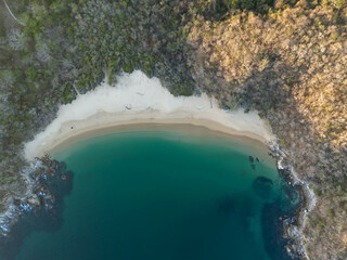 Aerial perspective of Bahia El Organo captured by a drone in Huatulco, Oaxaca, Mexico
