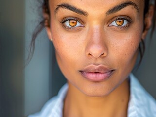 Stunning high resolution photos of a multiracial businesswoman with fantastic amber brown eyes who is the face of the company. Business