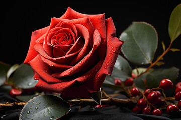 A vibrant red rose delicately positioned on the side, its petals capturing the essence of passion,...