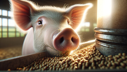 The moment when a pig eats from a feeder. The image is a close-up of the pig's face, with particular attention to the texture of its skin and the moisture of its face. - obrazy, fototapety, plakaty