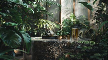 A serene indoor garden space with green plants surrounding a marble table with an assortment of decorative objects