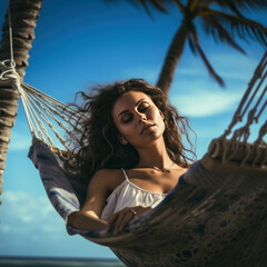 Woman relaxing on a hammock at a beautiful seaside location, Tropical paradise Vacation holiday summer beach