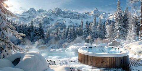 ski resort in the mountains. a hot tub with spa near a snow environment. generative ai - obrazy, fototapety, plakaty