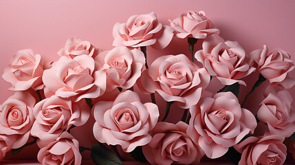 A composition featuring vibrant pink roses against a soft pastel pink background, evoking a sense...