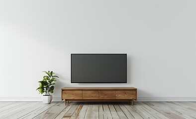 Photo of a modern TV on an elegant wooden stand in the corner, with white walls and a large empty space for text or product display
