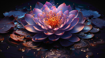 A regal purple lotus flower floating gracefully on a deep purple surface, offering a tranquil and...