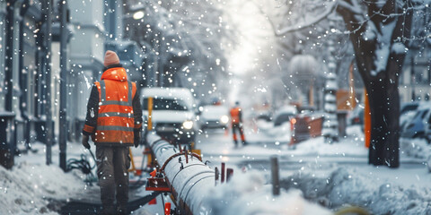 Construction of drinking water plumbing pipeline repair in winter time concept. Workers install underground pipes for water, sewerage electricity and fiber optics for the population of an urban center - obrazy, fototapety, plakaty