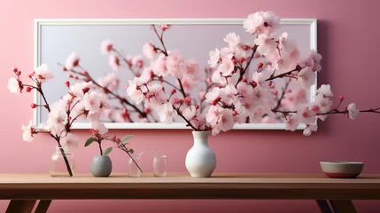 Selbstklebende Fototapeten An enchanting pink cherry blossom branch against a soft pink background, providing a serene and delicate visual with ample space for design elements © SHAN.