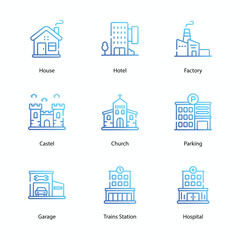 Buildings, Real estate, houses, icons collection. Icon set contains such as skyscraper, home, apartment, blueprint, key, mortgage document, and more. Simple web and mobile vector icon set.