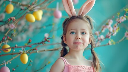 Fototapeta na wymiar Cute little girl in bunny ears decorating willow branches with Easter eggs on green background