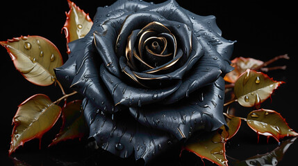 A stunning black rose in full bloom, set against a deep ebony background, with ample copy space for...