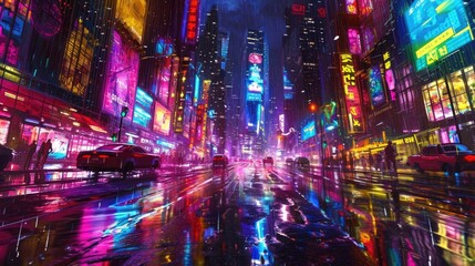 Fototapeta na wymiar This image presents a stunning night-time cityscape bathed in neon lights, with reflections on streets creating a futuristic atmosphere. Resplendent.