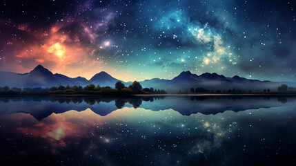 Celestial Reflections with glassy lake under a starry sky a captivating astrophotography image - obrazy, fototapety, plakaty